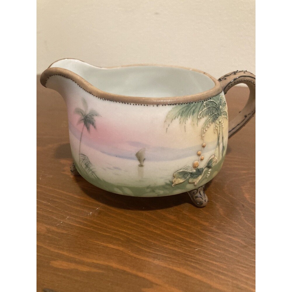 Vintage Nippon Hand Painted Beach Scene Moriage Matte‎ Finish Footed Creamer
